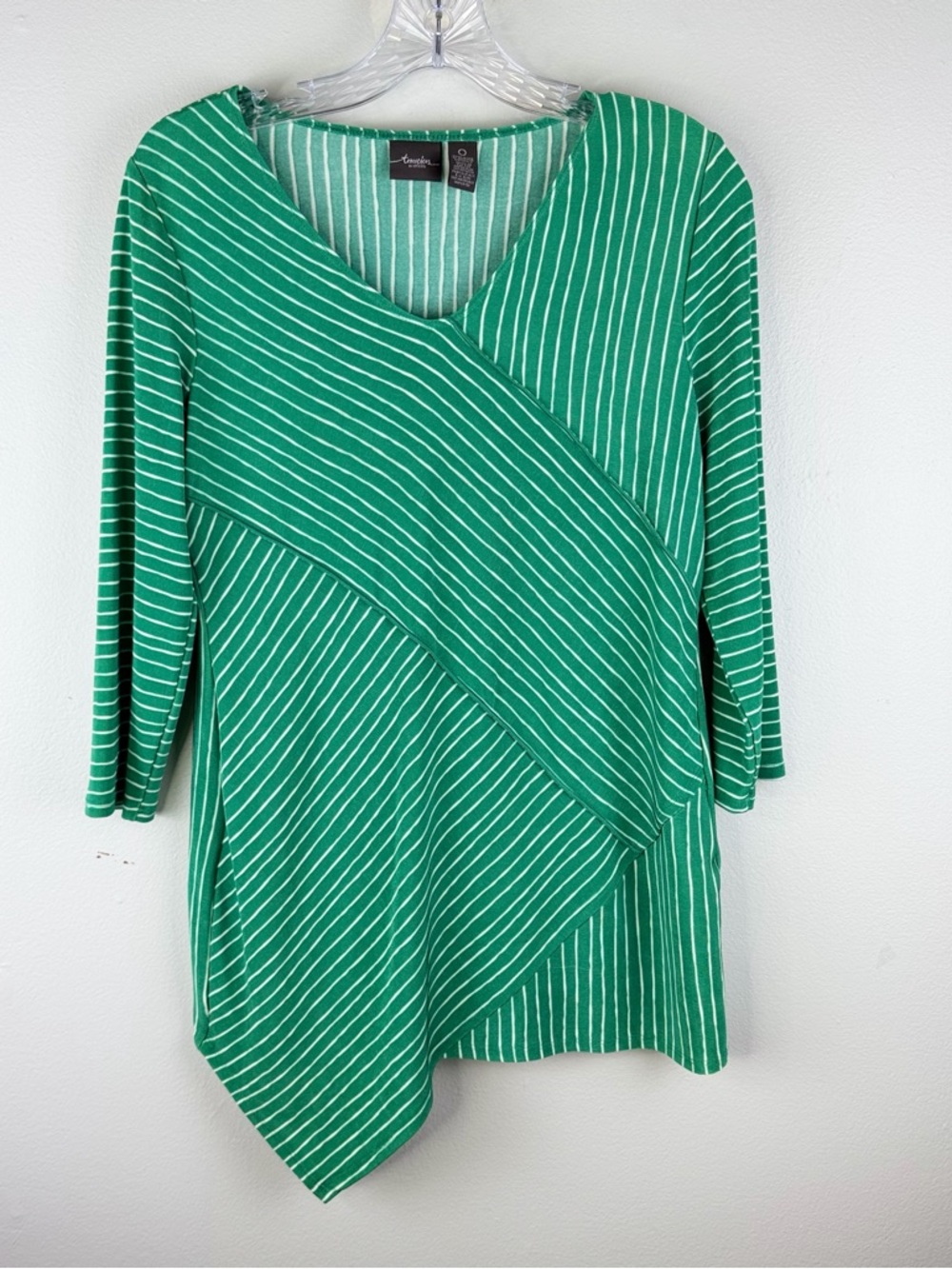 Chico's Travelers Green Striped Asymmetrical Tunic Top Stretch Fabric Medium
